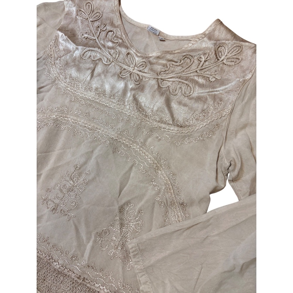 Boho Embroidered Long‎ Sleeve Tunic Top Beige L XL Rayon Tie Back Romantic